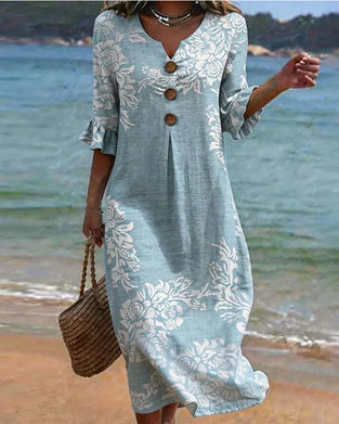 Robes Floral Imprimé Trois-Bouton Longue