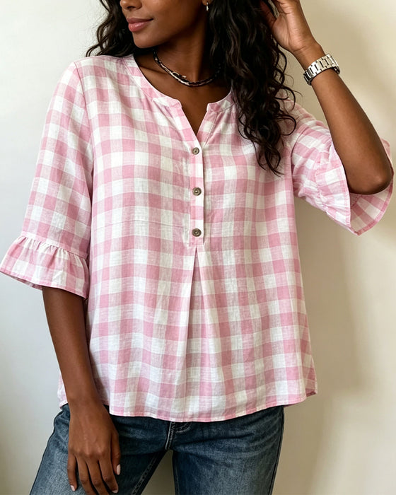 Blouse Col En V Bouton Devant À Carreaux Volant