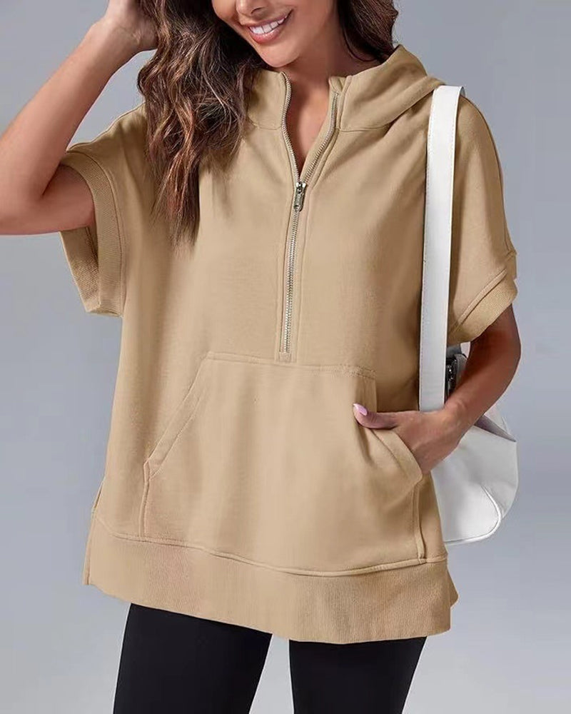 Sweat-Shirt Manches Courtes Fermeture Éclair Partielle Capuche