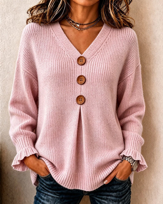 Pull Col En V Bouton Pullover