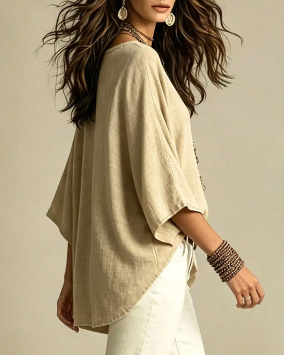 Blouse Col V Manches Trois-Quarts Lâche
