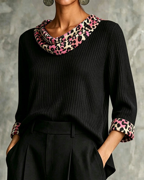 Blouse Col Drapé Léopard Imprimé Décontractée Panneau