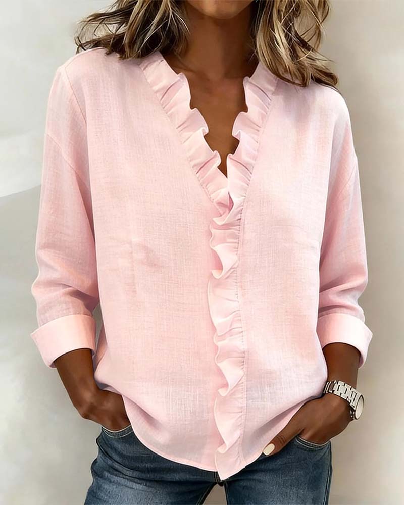 Blouse Froncé Col En V Manches Longues