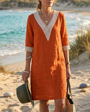 Robe Manche Trois Quarts Col V Dentelle Patchwork
