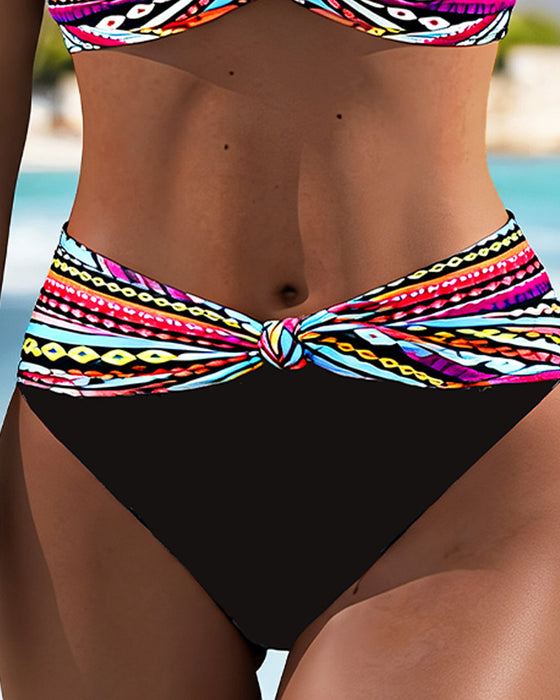 Bikini Rayure Contraste Bouton Métallique Halter