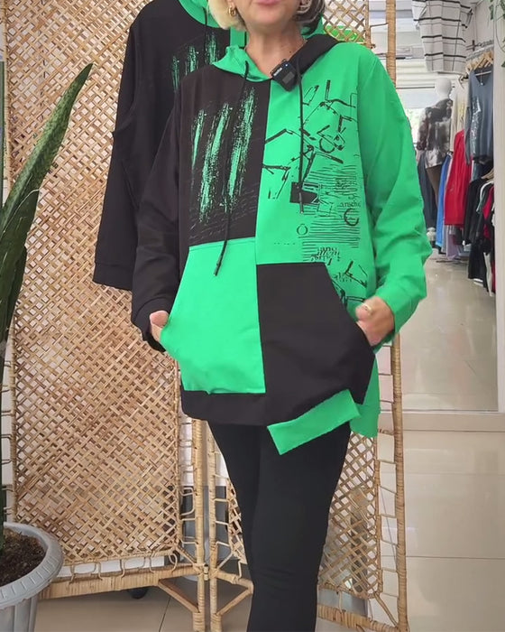 Sweat-shirt décontracté à capuche imprimé colorblock