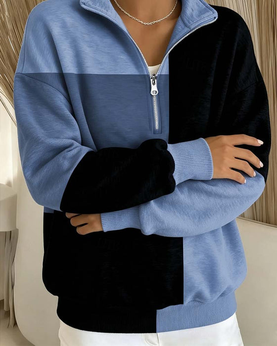 Sweatshirt À Carreaux Bloc-Couleur Fermeture Éclair Col-Debout