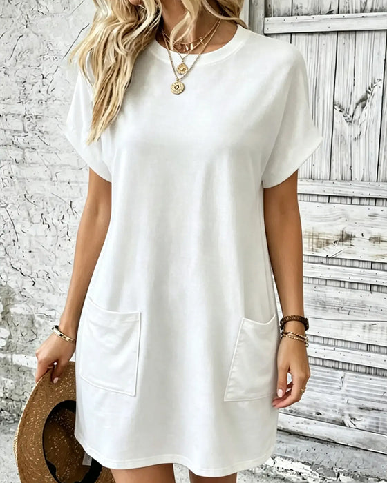 Robe Col Rond Double Poche Unie Décontractée