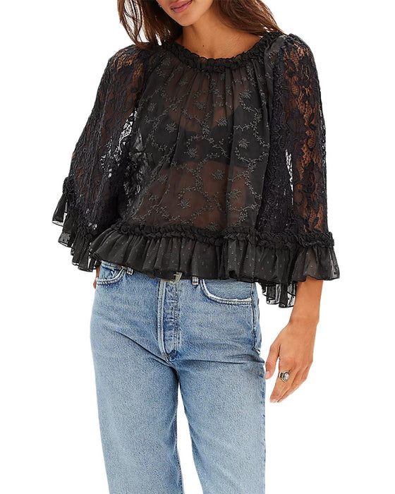 Blouses de protection solaire à manches volantées en dentelle ajourée