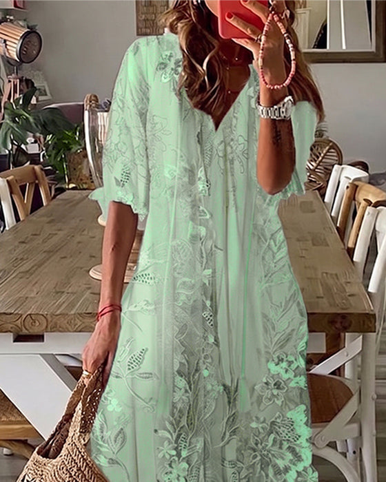 Robe Col En V Fleurie Volant Jupe Ample