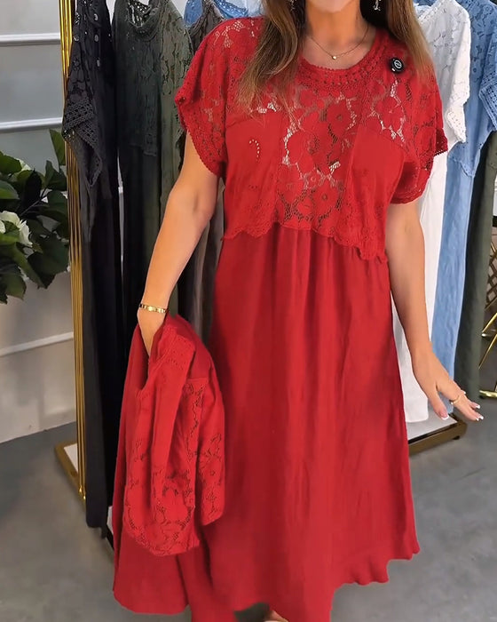 Robe Élégante Dentelle-Garni Patchwork Maxi
