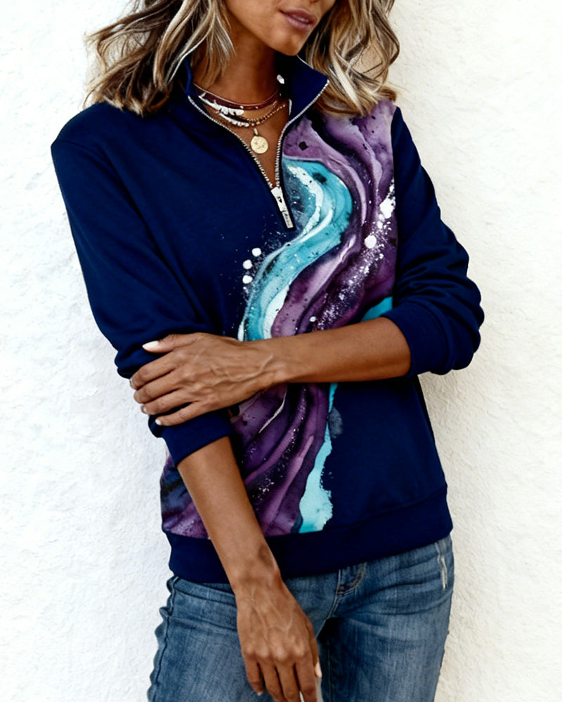 Sweat-Shirt Manches Longues Demi-Zippé Imprimé