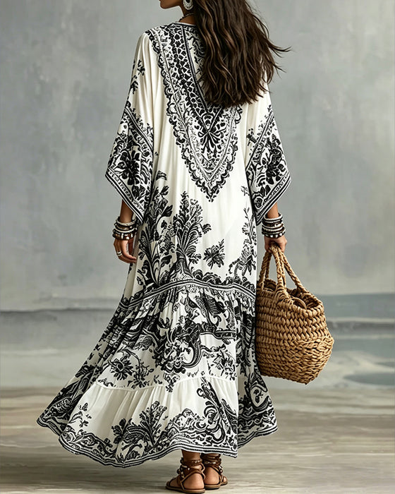 Robe Col En V Bohémienne Évasée Asymétrique
