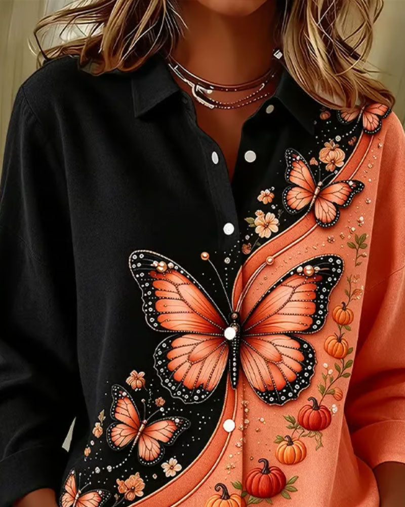 Chemise Bloc De Couleur Papillon Imprimé Revers