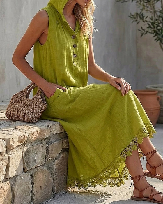 Robe Capuche Sans Manches Dentelle Patchwork