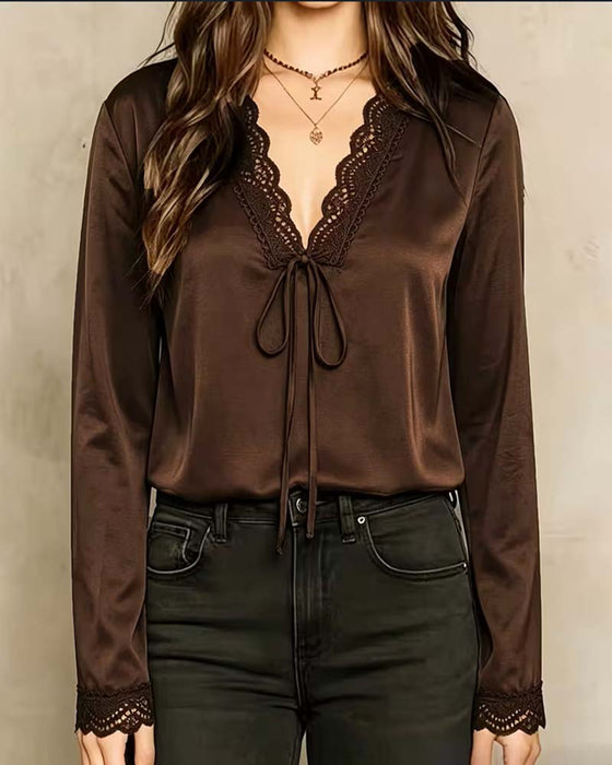 Blouse Manche Longue Col V Dentelle Patchwork