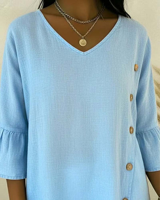 Blouse Bouton Latéral Manche Évasée Lin