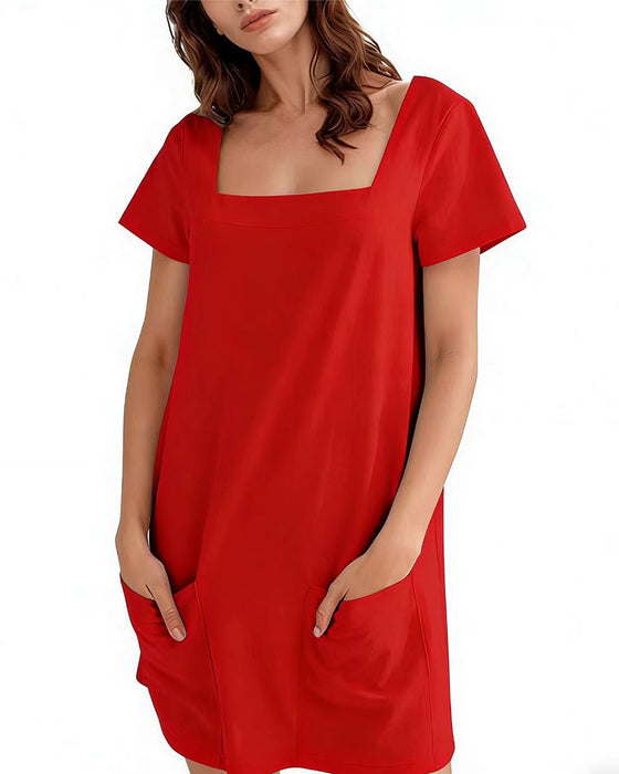 Robe Col Carré Manches Courtes Poche