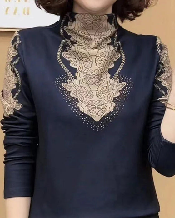 Haut Élégant Imprimé Cintré Femme Col Montant