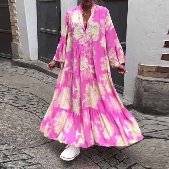 Robe patchwork ample imprimée à col en V et manches cloche