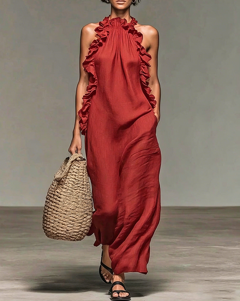 Robe Col Nuque Volantée Longue