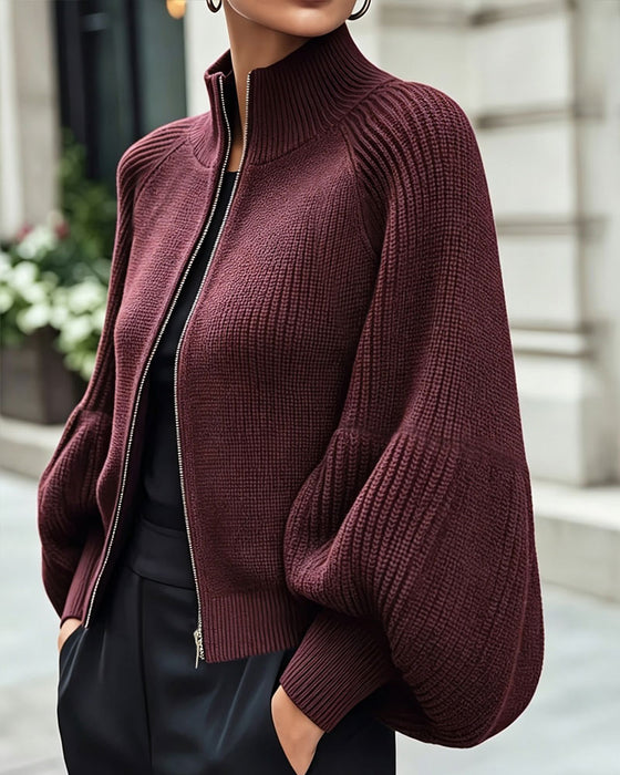 Manteau Col Montant Fermeture Éclair Manche Lanterne