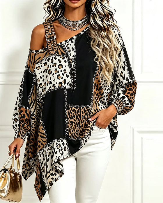 Blouse Léopard Imprimé Patchwork Col Asymétrique Manches Longues