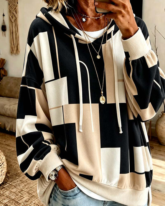 Sweatshirt Imprimé Géométrique Bloc De Couleur Cordon De Serrage