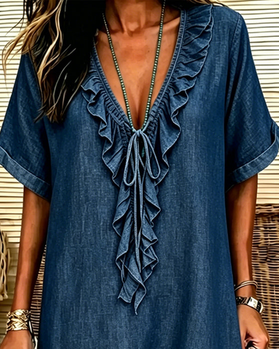 Robe Col V Denim Volant