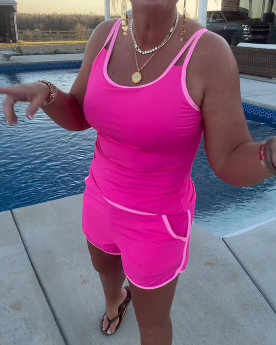 Tankini Avec Contraste De Couleur Passepoil Appliqué