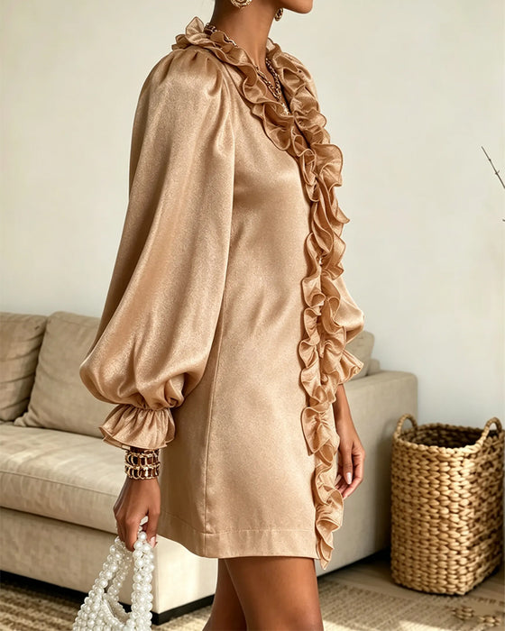 Robe Manche-Pouf Volant-Ornement Col-V