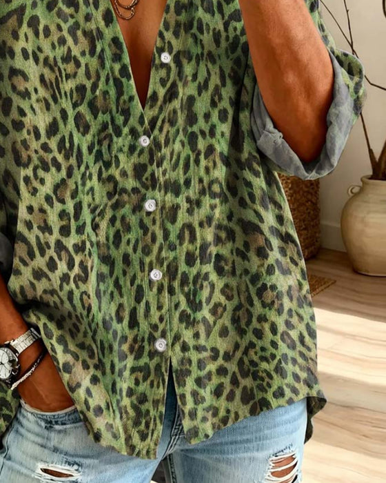 Chemise Col En V Bouton Léopard Manches Longues