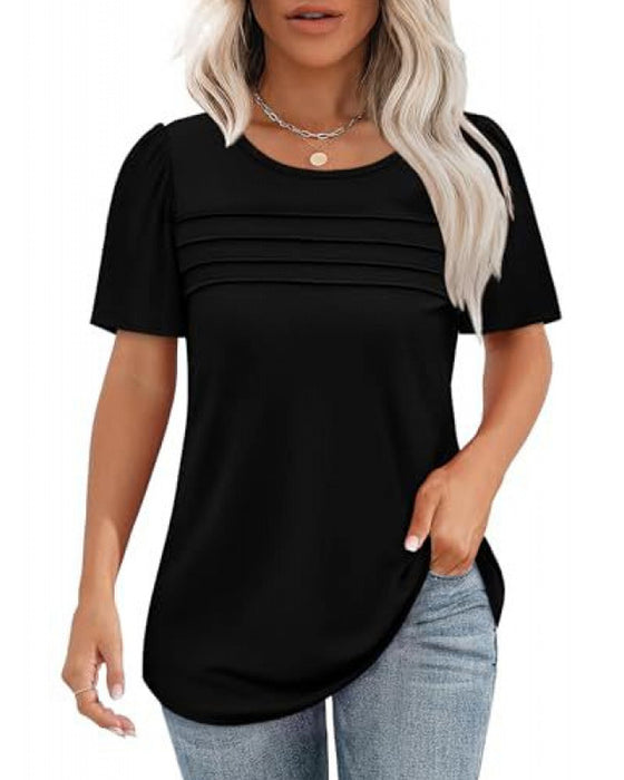 T-Shirt Plissé Ample Col Rond Manches Courtes