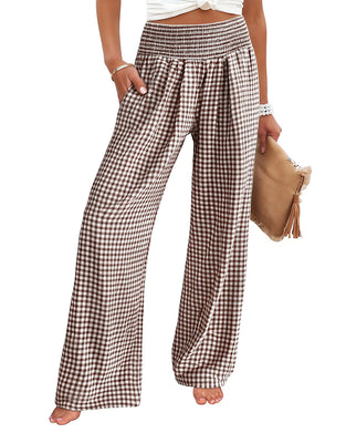 Pantalon Taille Haute À Carreaux Large Jambe