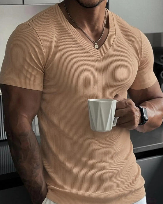 T-Shirt Col En V Côtelé Unie Homme