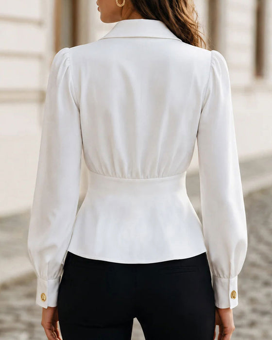 Blouse Col En V Taille Cintrée Bouton Manche Bouffante