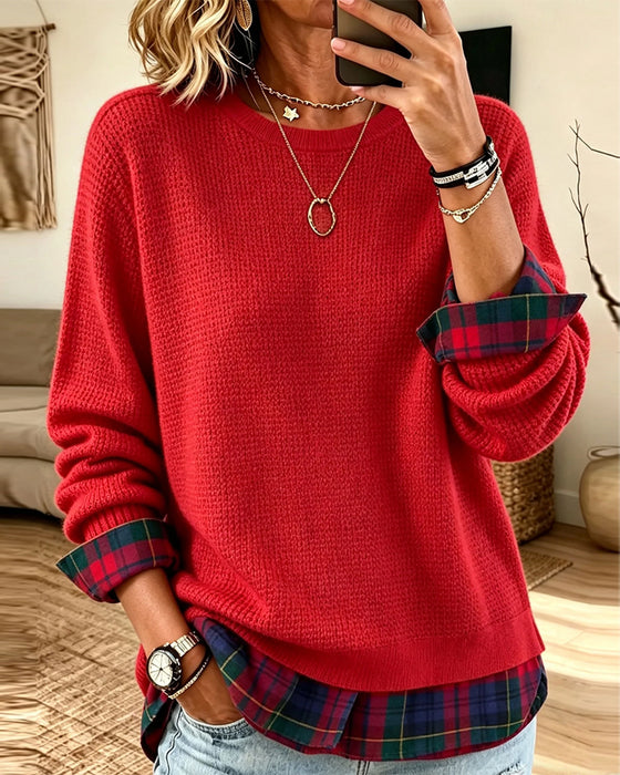 Pull Col Rond Carreau Patchwork Fausse Deux Pièces