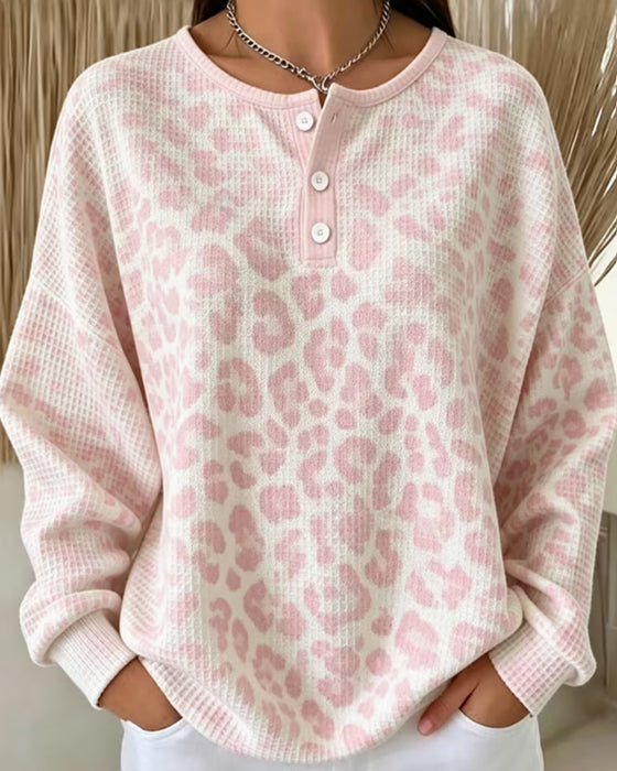 Sweatshirt Col-Rond Boutonné Léopard Décontracté