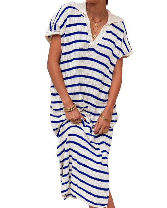 Robe Rayée Col Manches Courtes