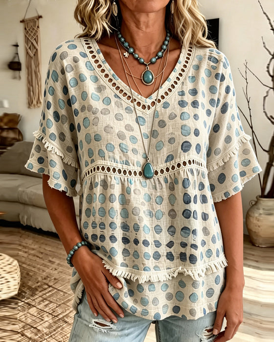 Blouse Frange Col En V À Pois Babydoll