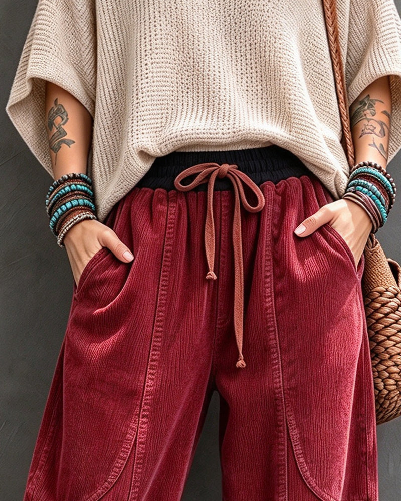 Pantalon Taille Élastique Bloc De Couleur Coupe Courte Jambe Large