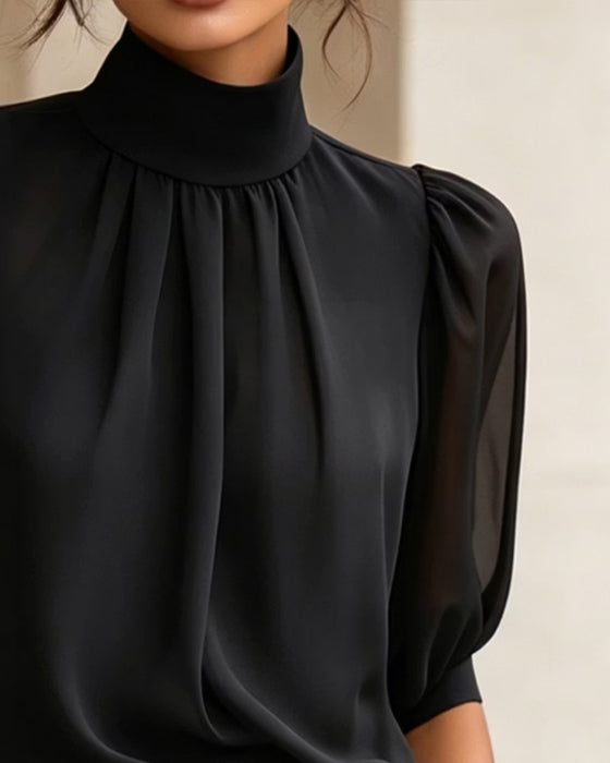 Blouse Col Haut Manches Ballon Coude Mousseline