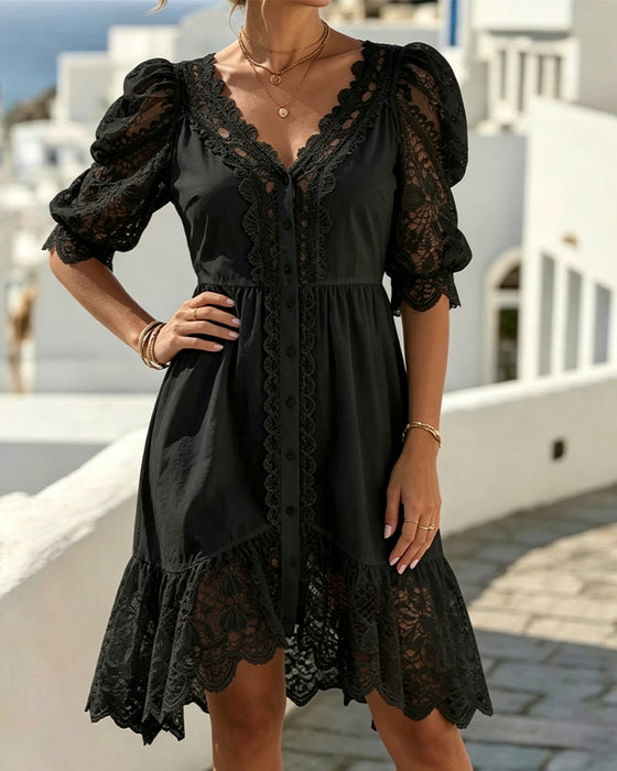 Robe Manche Bouffante Dentelle Courte