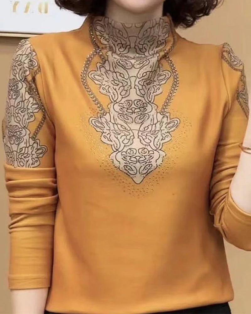 Haut Élégant Imprimé Cintré Femme Col Montant