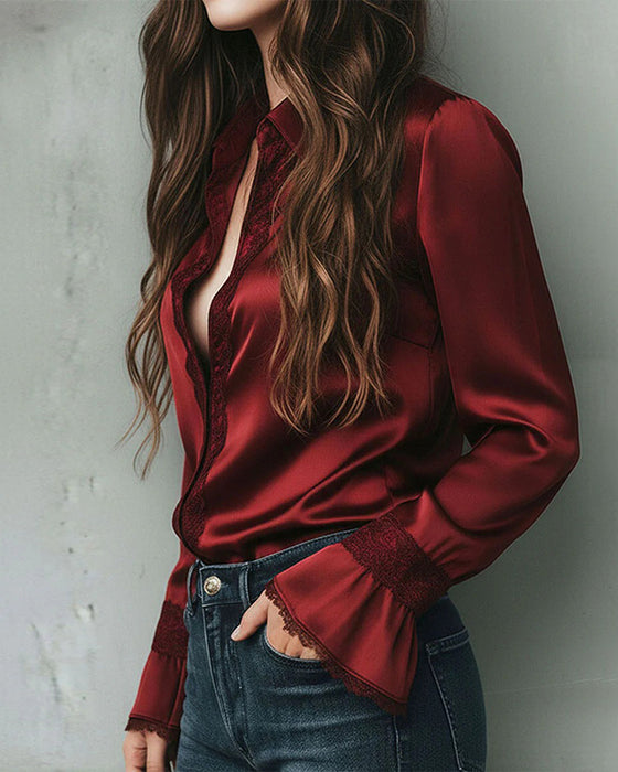 Blouse Satin Dentelle-Insérée Revers