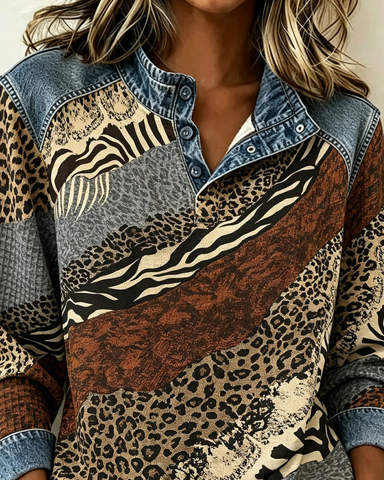 Blouse Patchwork Léopard Bouton