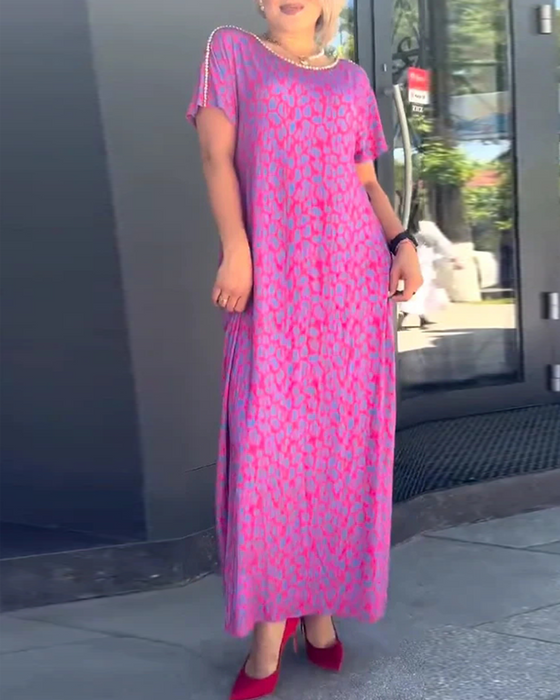 Robe Tempérament Manches Courtes Drapé Imprimé