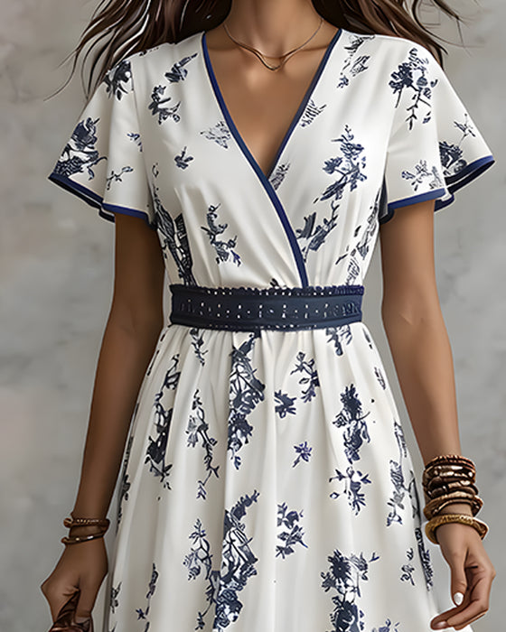 Robe Manche Volantée Col V Croisé Taille