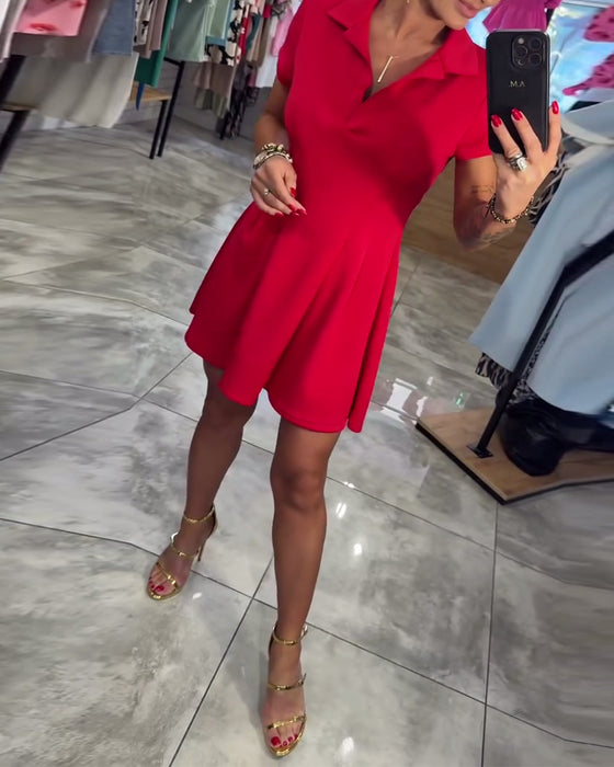 Robe Revers Manches Courtes Plissée Coupe A-Ligne