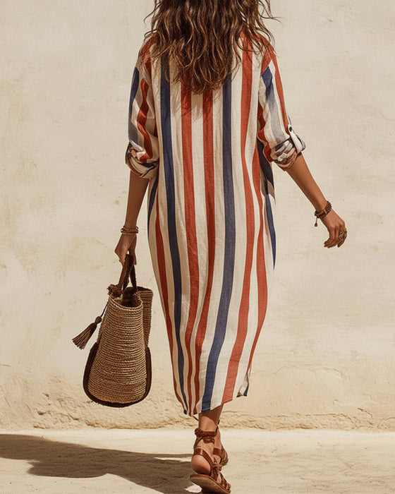 Robe Décontractée Rayée Col Chemise